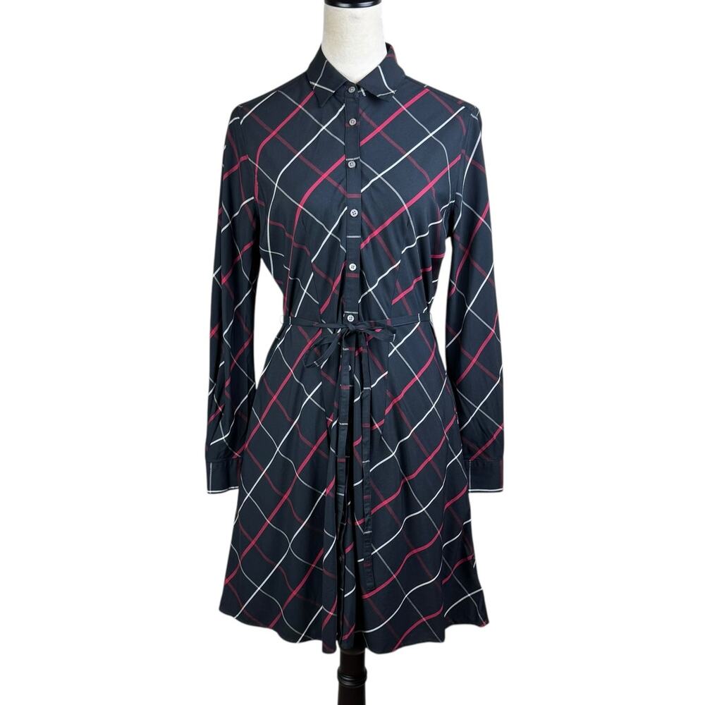 UNTUCKit Kris Black Red Argyle Plaid Long Sleeve Fit & Flare Belted Shirtdress